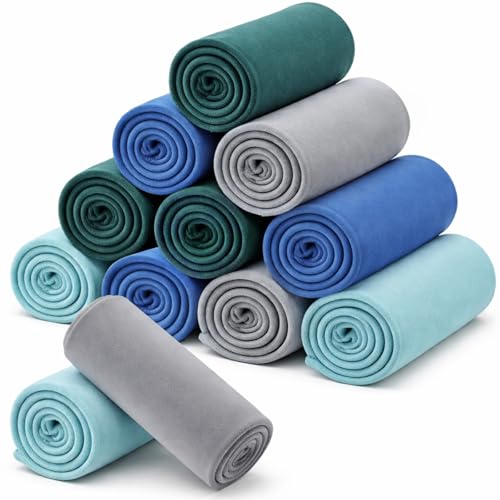 Newwiee 12 Pcs Bulk Fleece Throw Blankets 50'' x 60'' Oeko-tex Standard 100 Certified for Outdoor Wedding Guest Blankets Donation Homeless Sleepover Lap Pet Sofa, All Seasons Use (Green Shades)