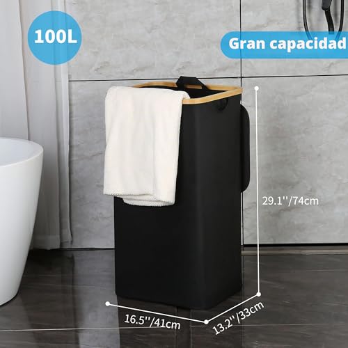Miniatura 2 de Efluky Cesto Ropa Sucia, Grande Y Alto Con Tapa, 100 L, Cubo Plegable Con Asas De Bambú, Laundry Basket Xxl Con Bolsa Interior Negro