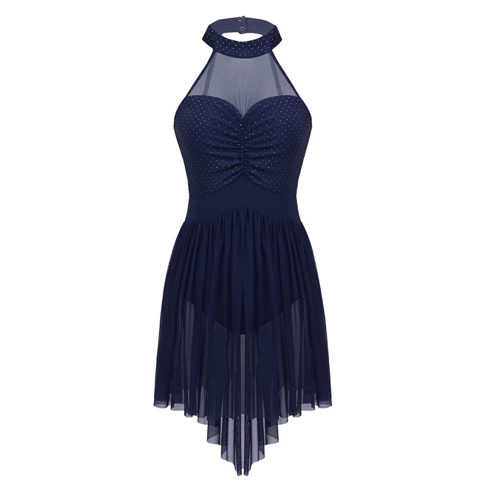 Damen Nachthemden & Nachthemden Damen Ballerina Tanzkurs Kleid Neckholder Polka Dots Unregelmäßiger Tüllsaum Gymnastik Trikot Tanzkleid für Damen (Marineblau L)