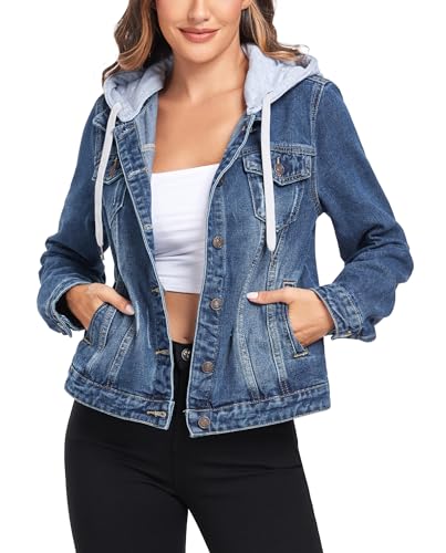 Anienaya Women's Hooded Jean Jacket Drawstring Layered Washed Long Sleeve Detachable Hoodie Denim Jacket w 2 Pockets