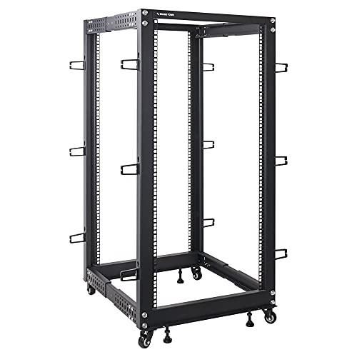 Sound Town 4-Post 25U Open Frame Sever and Network Equipment Rack with Adjustable Depth 22"-40", Casters, Levelers, Cable Management (ST4POF-A25U)