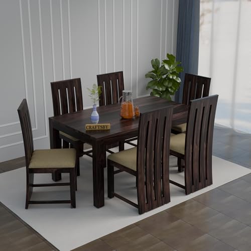 Image of 57 Inch Length Solid Sheesham Wood 6 Seater Dining Table Set | Six Seater Dinner Table with 6 Cushions High Chairs | Dinning Table Set 6 Seater for Living Room | Table & Chair,Walnut Finish
