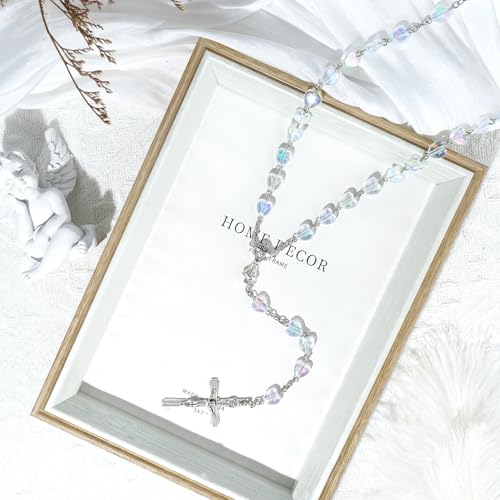 Rosary Beads Cross Necklace for Women, Catholic Rosary Necklace for Men with Crucifix, Crystal Heart Shaped Rosarios Catolicos, First Communion Christian Gifts(Colorful Clear)4