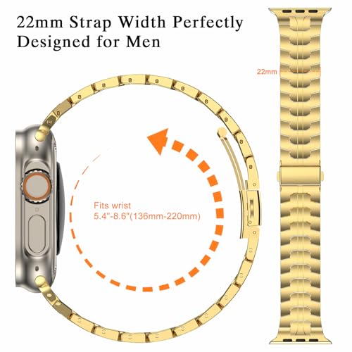 Image of MioHHR Stainless Steel Bands for Apple Watch 49 /46 /45 /44 /42mm(Series 3 /2 /1) | Adjustable Metal Strap Band for Men, fits iWatch Series 11 10 9 8 7 6 5 4 3 2 1, SE3, SE2, SE, Ultra 3 /2 /1, Gold