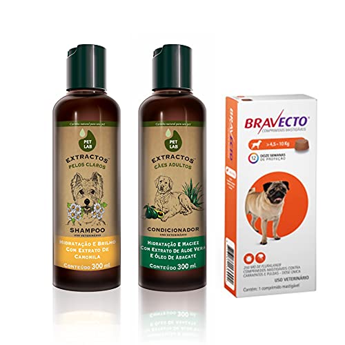 Bravecto & PetLab Kit Comprimido mastigável 250 mg + Extractos Shampoo Pelos Claros 300mL e Condicio