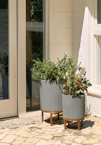 Image of Veradek Demi Series Raised Duo Planters - Set of 2 Planters with Stands | Made From a Durable Plastic-Stone Composite & Comes With Wooden Stand. Modern Porch /Patio Decor