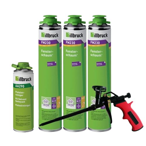 FM230 Lot de 3 mousses de construction pour fenêtres et façades, jusqu'à 30 % flexible, haute isolation phonique et thermique, 750 ml, combinés (avec nettoyant AA290 + pistolet à mousse Business