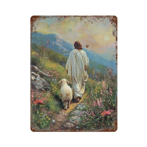 Décoration murale Jésus et agneau affiche rétro en fer pour déco salon et café vintage 30x40cm
