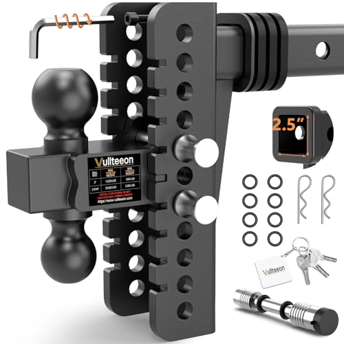 Vullteeon Adjustable Trailer Hitch - Drop Hitch for 2.5 Inch Receiver 8 Drop/Rise (2 & 2-5/16) Ball Hitch for Truck 22000 LBS GTW Slot - Fit & Anti-Rattle Design Tow Hitches Anti-Theft Pin