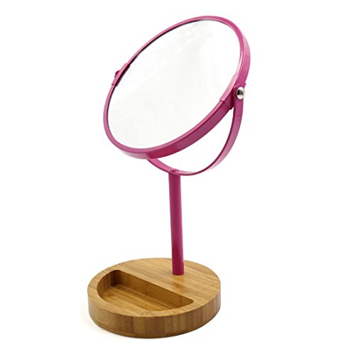 Espejo cosmético doble cara con soporte de madera magenta