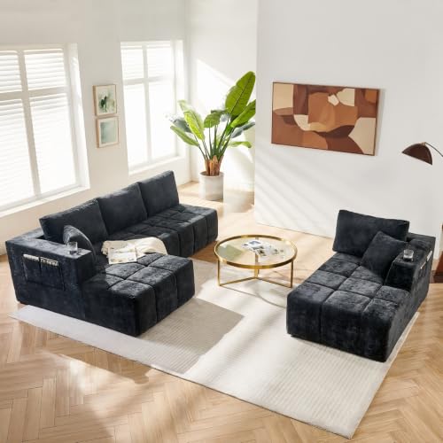 Image of KCGKCG 132 inch U Shaped Chenille Cloud Couch - No Assembly Required, Black