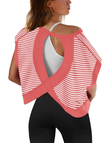 Image of SENSERISE Womens Open Back Workout Tops Backless Short Sleeve Athletic Shirt Running Crop Top Gym Yoga Tee