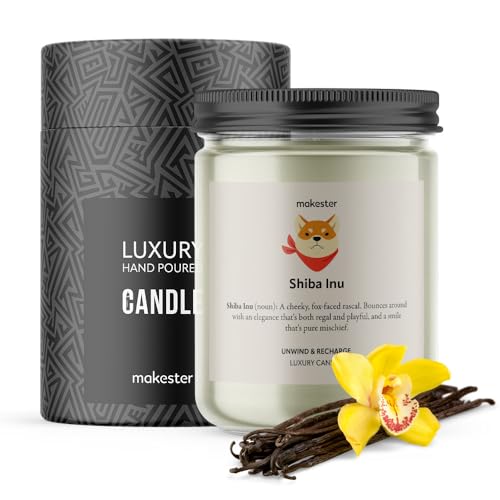 Shiba Inu Gifts - Luxury Soy Wax Candle - Vanilla, Jasmine, Sugared Almond - Makester, White, 220g
