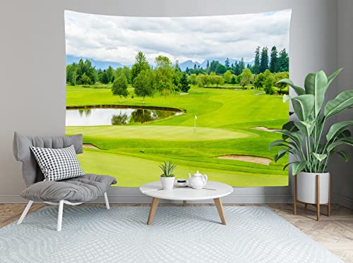 Loccor Fabric 15X10Ft Golf Course Backdrop Blue Sky White Clouds Green Grass Trees Lawn Pond Photography Background Golf Sports Party Decorations Holiday Vacation Birthday Banner Photo Studio Props #TOP1