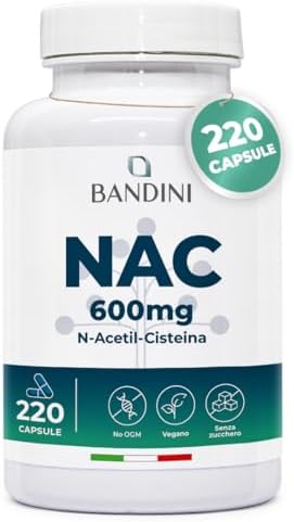 Bandini® NAC N-Acetil-Cisteina 220 Capsule 600mg (+7 Mesi),Precursore del Glutatione, Acetilcisteina 600mg, 1 Capsula al Giorno, Alto Dosaggio di N-Acetilcisteina Aumentata, Integratore 100% Vegano Generico - integratore