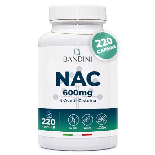 Bandini® NAC N-Acetil-Cisteina 220 Capsule 600mg (+7 Mesi),Precursore del Glutatione, Acetilcisteina 600mg, 1 Capsula al Giorno, Alto Dosaggio di N-Acetilcisteina Aumentata, Integratore 100% Vegano