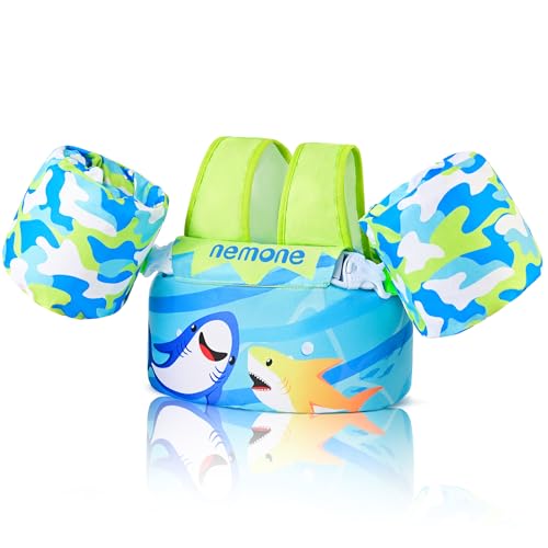 NEMONE Toddler Swim Vest for 22-70 lbs Kids Floaties Swim Jacket with Arm Water Wings for Girls Boys 2 3 4 5 6 7 Years Old Sea Beach Pool (Blue Sea)