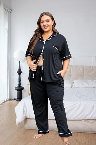 Image of Vozanet Women's Plus Size Pajamas Button Down Shirt and Pants Soft Lounge Sets Bride Nighty Bottom with Pockets 1x to 5x