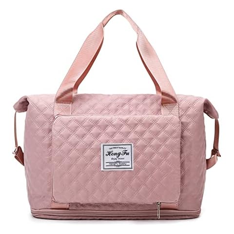 Foldable Travel Duffel Bags, Weekender Bag with Wet Pocket and Trolley Sleeve, Tote Waterproof Bag with Expandable Space for Women and Men, Pink, Foldable Cover