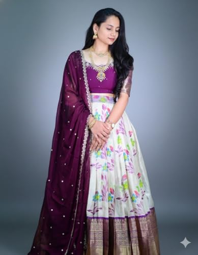 Image of ZITON Women's Indian Traditional Kanjivaram Silk Pure Weaving Lehenga Choli Along With Dupatta And Blouse Piece, Half Saree (Unstitched)