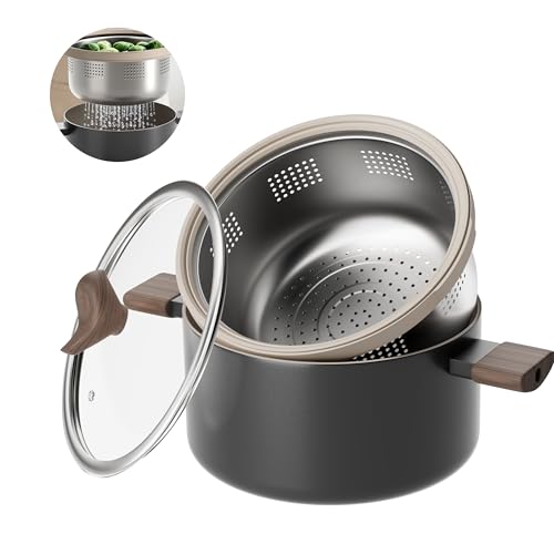RIOVARM Inducción 24 cm Olla Con tapa Antiadherente Ollas para caldos Con revestimiento cerámico Olla para pasta con cesta Ollas versátiles para sopas con colador para pasta incorporado Cacerola