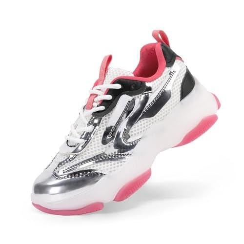 DREAM PAIRS Kids Girls Sneakers Jelly Sole Lace up Shoes Lightweight Walking Shoes for Girls Boys 10 Toddler Silver/Hot Pink