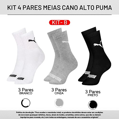 Kit 09 Pares Meia Puma Cano Médio Esportiva Everyday Algodão Adulto Unissex | KIT - B | 34-39
