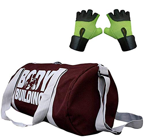 CP BIGBASKETCombo Polyester Gym Bag (Brown) and Gloves (Green, Free Size)