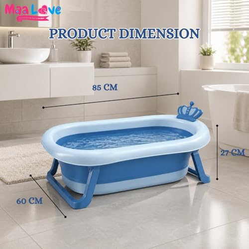 Image of Premium Foldable Baby Bathtub with Soft Cushion for Newborn, Infant & Toddler, Non-Slip Base, Easy Drain Plug, Portable Space Saving Bath Tub (Blue)