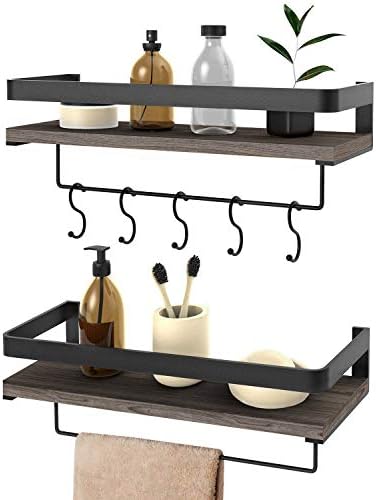 Floating Shelves Wall Mount Rustic Pine Wood Storage Shelves for Kitchen Bathroom Bedroom with Rail Towel Bar and 5 Hooks Set of 2 Brown