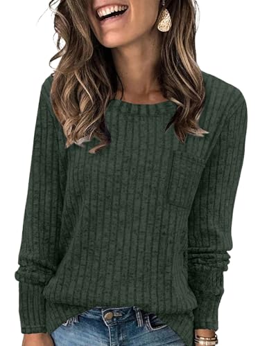 Womens Ribbed Knit Sweaters 2025 Fall Casual Long Sleeve Crewneck Pullover Tops with Pocket