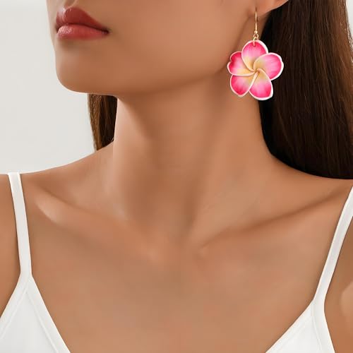 Pink Flower Earrings for Women Boho Floral Dangle Earrings Hibiscus Petal Drop Earring Luau Beach Party Vacation Hawaiian Style Accessories Jewelry ﻿4