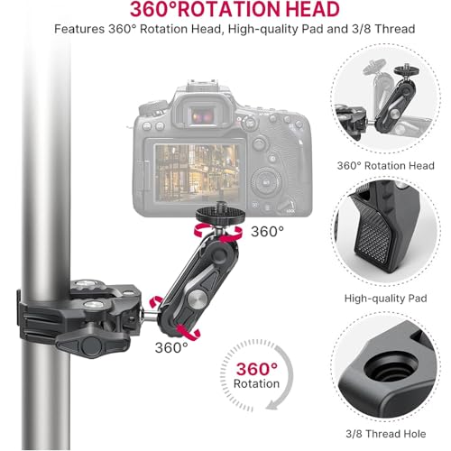 Image of Action Pro Clamp Camera Mount with 360 Ball Head & Magic Arm, Double Ball Head Adapter, 1 /4 inch-20 & 3 /8 inch-16 Thread, Compatible with GoPro Action Cameras & DSLR Accessories