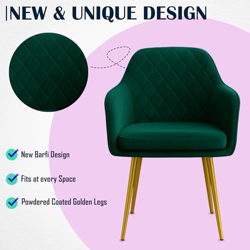 Image of Set of 2 Accent Chair for Living Room | Modern Armchair in Soft Velvet Fabric with Sturdy Legs | Premium Chair for Home Living Room Bedroom Restaurent | (Gold Legs, Green Burfi Design)