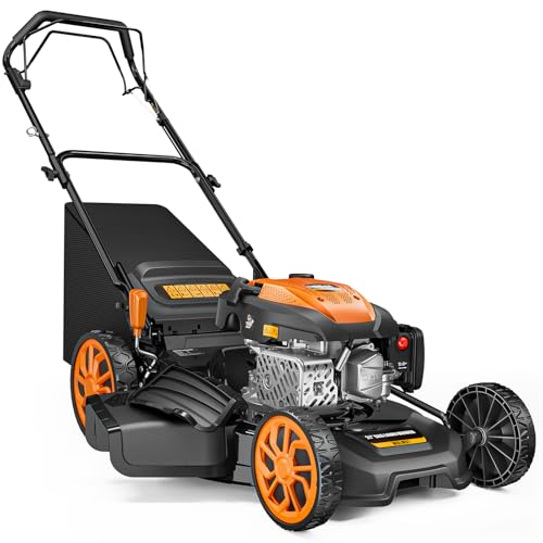 21” Self-Propelled Lawn Mower Gas, 170CC 4-in-1 Mulch/Rear Bag/Side Discharge/Rear Discharge, Walk-Behind Gas Lawnmower with 7-Position Cutting Height, Foldable Gas Powered Lawn Mowers for Yard Garden
