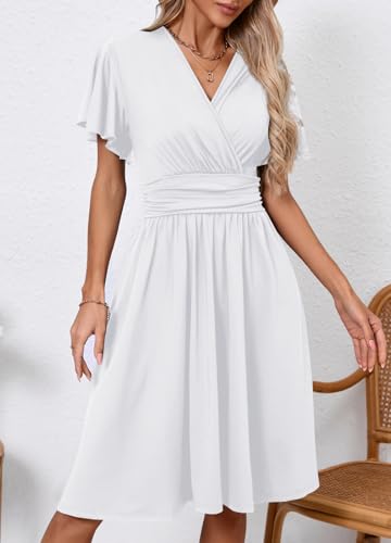 Image of Women's Casual Summer Dress V Neck Short Sleeve Flowy Stretchy Comfort Fit for Daily Wear Work Midi Dresses