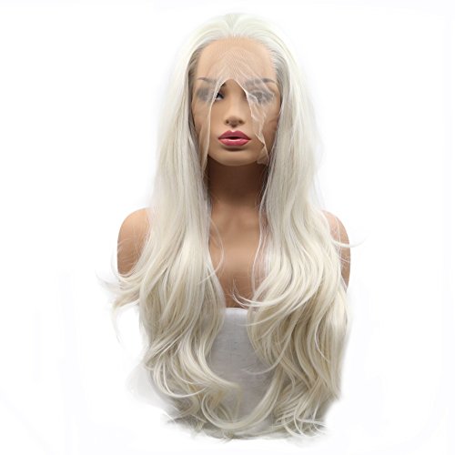 Natural Hairline White Blonde Color Synthetic Lace Front Wigs For Women Cosplay Holidays Festival Drag Queen Wig Body Wave Long Hair 26"