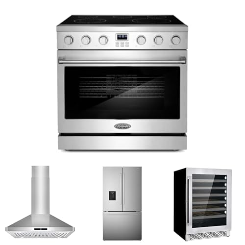 Image of COSMO 4-Piece Kitchen Appliance Packages, 36 inch Electric Range, 36 inch Island Range Hood, 36 inch French Door Refrigerator and 24 inch Wine Cooler