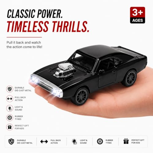 Image of 1970 Dodge Charger Fast & Furious - 1:36 Scale Die-Cast Alloy Toy Car for Kids | Pull-Back Model with Openable Doors, LED Lights & Engine Sounds (Black)
