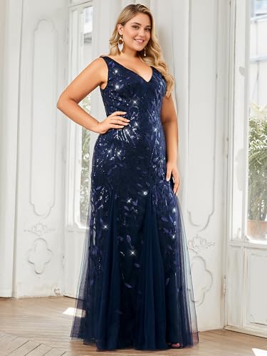 Image of Ever-Pretty Plus Sequin Formal Dresses Sleeveless V Neck Mermaid Ball Gowns Plus Size Prom Dress