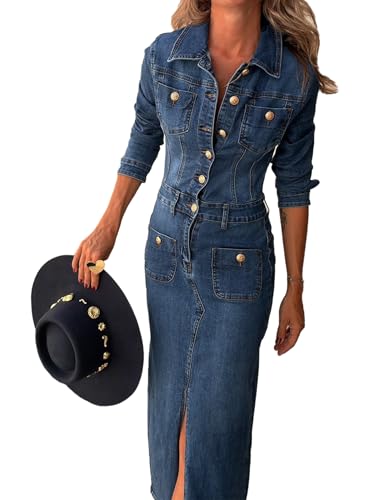Conshvi Denim Dress for Women Trendy Long Sleeve Button Down Denim Maxi Dress 2025 Fall Bodycon Slit Long Jean Dresses2