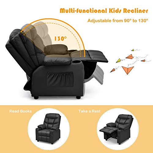 Image of Costzon Kids Recliner Chair with Cup Holder, Adjustable Leather Lounge Chair w /Footrest & Side Pockets for Children Boys Girls Room, Ergonomic Toddler Furniture Sofa, Kids Recliner (Black)