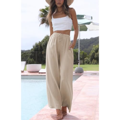 Image of Duyang Womens Cotton Linen Palazzo Pants Drawstring Elastic Waist Casual Wide Leg Trousers with Pockets