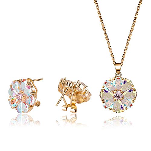 CZCITY Flower Pendant Necklaces for Women - Women's Jewelry Set for Clip Stud Earrings Necklace 18K Champaign Gold Plated, Best for Bridesmaid Gifts