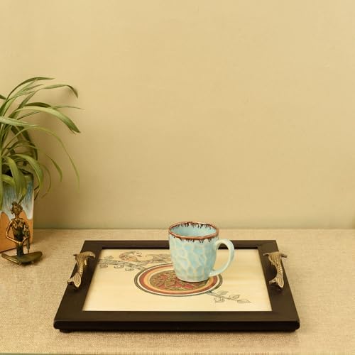 Image of Aakriti Art Creations Artisan's Harmony Handcrafted Tray, Serving Platter Beige | Madhubani Art with Matte Finish, Handcrafted Metal & Wood | Tray for Kitchen Decor & House Warming Gifts