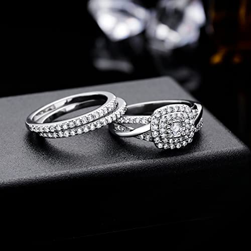 MDFUN Three-in-One ring set Square Halo Wedding Band Set Engagement Ring 18K White/Yellow Gold Plated Cubic Zirconia Promise ring Eternity Ring for Women3