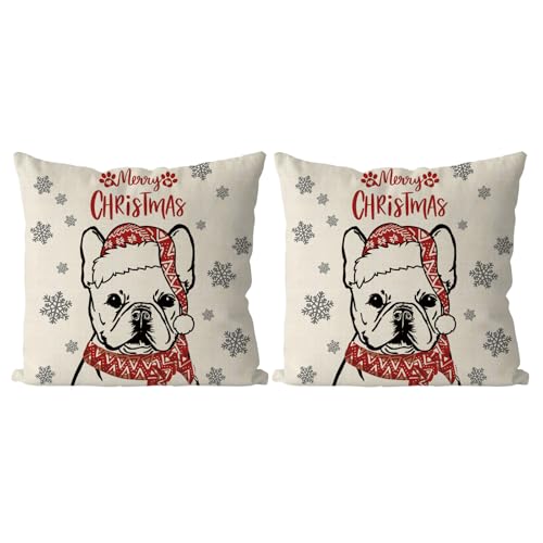 QIONG MENG Christmas Pillow Covers 18x18 Inch Set of 2 French Bulldog Christmas Decorations Pillowcase Xmas Dog Throw Pillow Covers Home Sofa Living Room Decorative Cushion Case