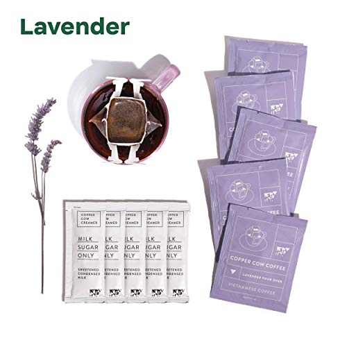 Copper Cow Coffee + Creamer Variety | Classic, Lavender, and Churro Coffee with Classic Creamer | Single-Serve Pour Over Vietnamese Coffee Pouches | 15 Pack