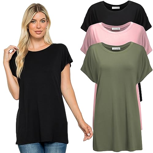 Free to Live 3 Pack Extra Long Tshirts for Women Tunic Tops to Wear with Leggings Short Sleeve Tee Workout T Shirts Loose Fit - Main Image