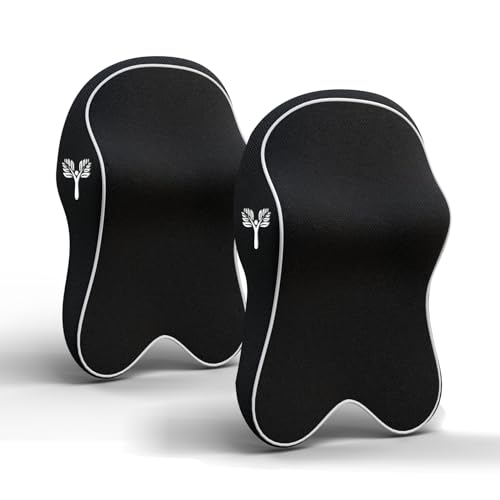 Grin Health memory foam Orthopedic Car Neck Rest Pillows Neck Support Cushion Car Seat Headrest Cushion -Car Neck Pillow for Neck Pain Relief in Office, Driving(L Plus, Black, Pack of 2)